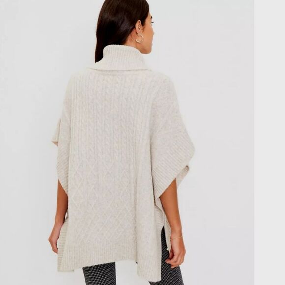 LOFT Oatmeal Bohemian Turtleneck Cable Knit Chic Ribbed Trim Flowy Knit Sweater - Picture 4 of 14